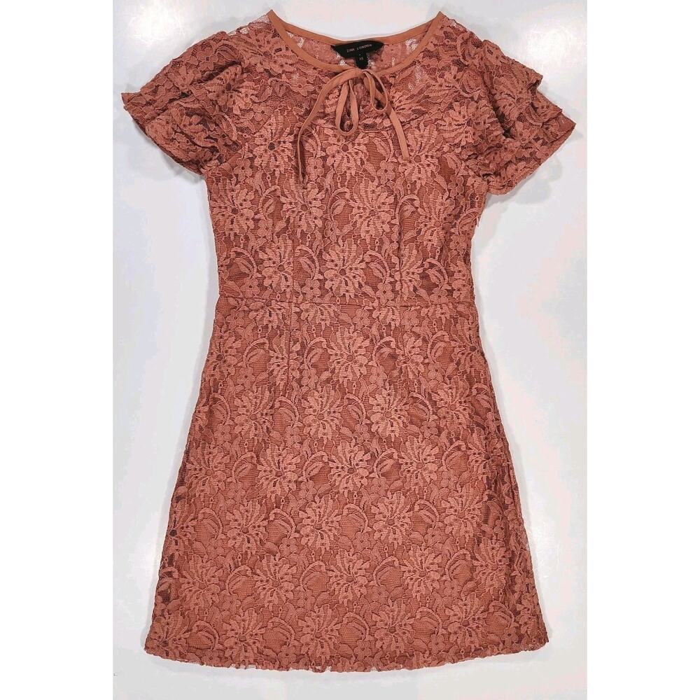 Boho Chic Lace Mini Dress Pink Dusty Rose Floral Romantic Tie-Neck Lined XS